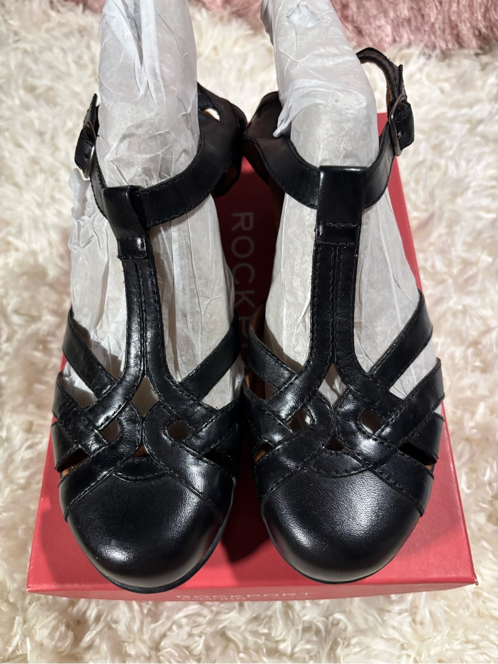 LNIB Rockport Cobb Hill Aubrey Black Leather T-Strap Heels-6.5